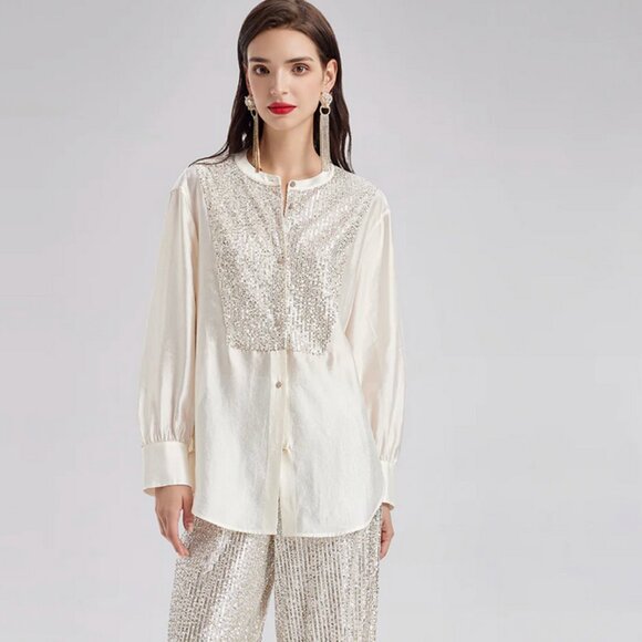 Rich Radi Q Sequin-Stitched French-Style Beige Shirt Size 2XL - Picture 5 of 12